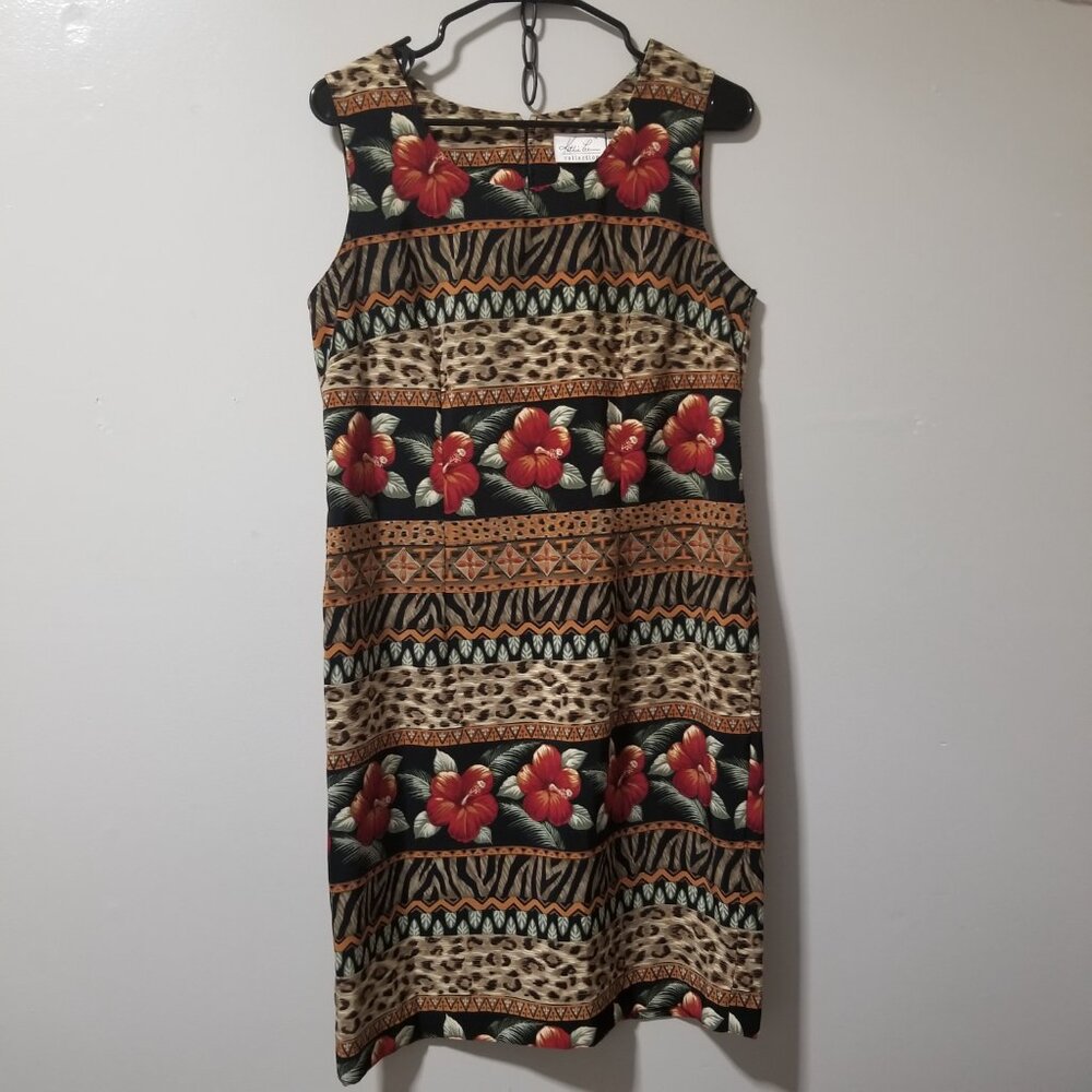 Vintage Kathie Lee Collection Size 10 Dress Tiger Floral Print Sleeveless Safari
